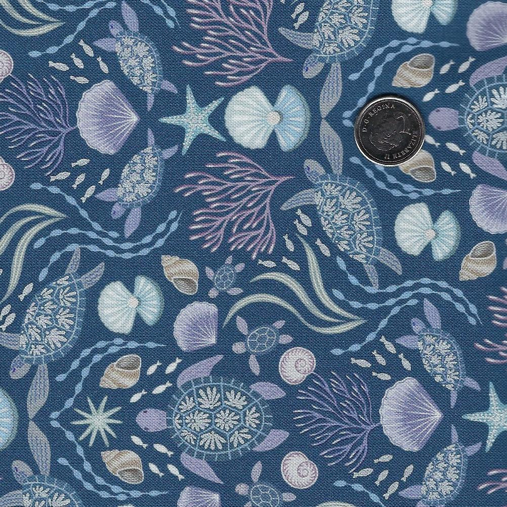 Ocean Pearls by Lewis and Irene - Background Dark Blue Sea Turtle Family