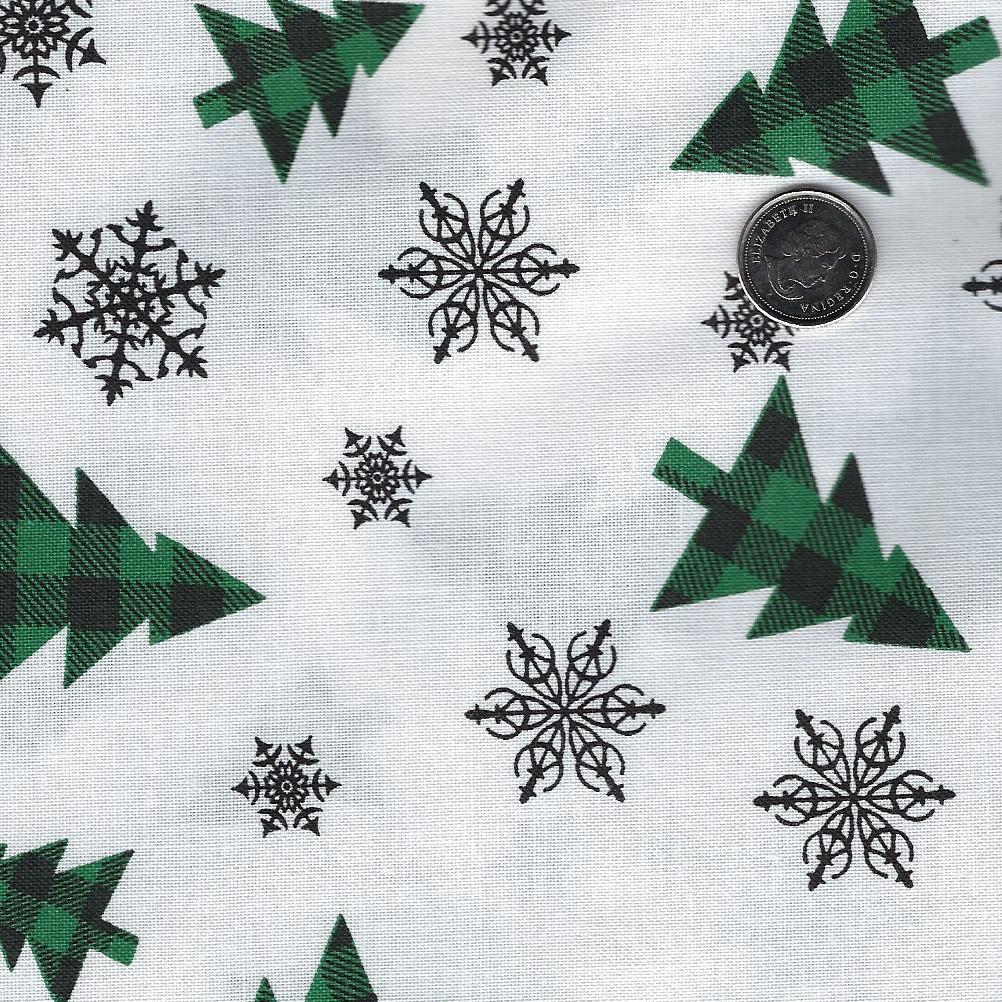 Downhome Country Christmas par Mook Fabrics - Background White Green X-Mas Trees and Snowflakes