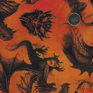 Dragons - Emerald Reign par Jason Yenter pour In The Beginning Fabrics - Background Orange Dragon Etching