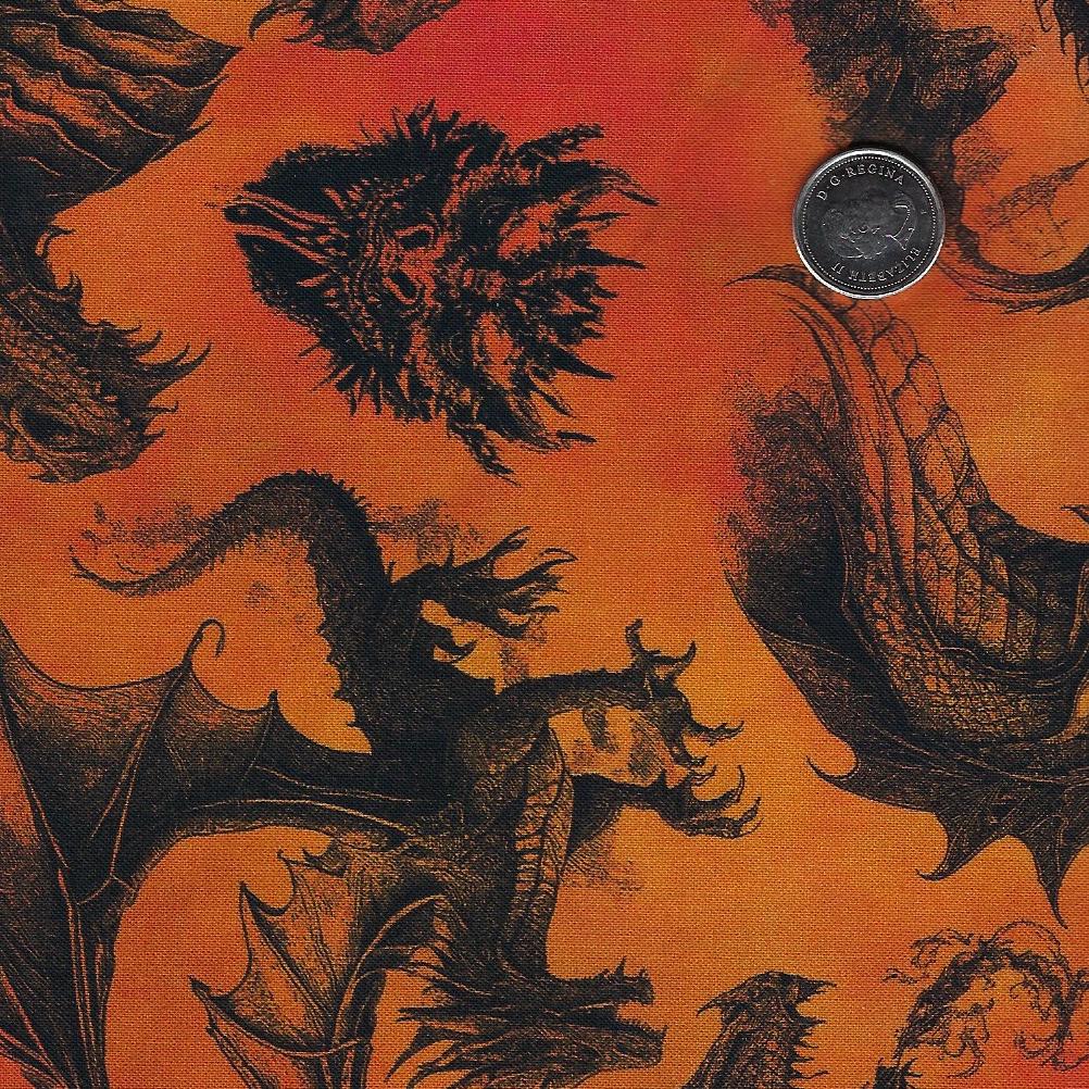 Dragons - Emerald Reign par Jason Yenter pour In The Beginning Fabrics - Background Orange Dragon Etching