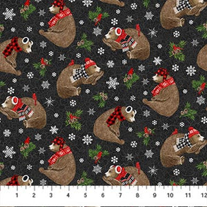 Beary Merry Christmas by Deborah Edwards for Northcott - Background Black Tossed Bears