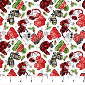 Beary Merry Christmas by Deborah Edwards for Northcott - Background White Tossed Hats