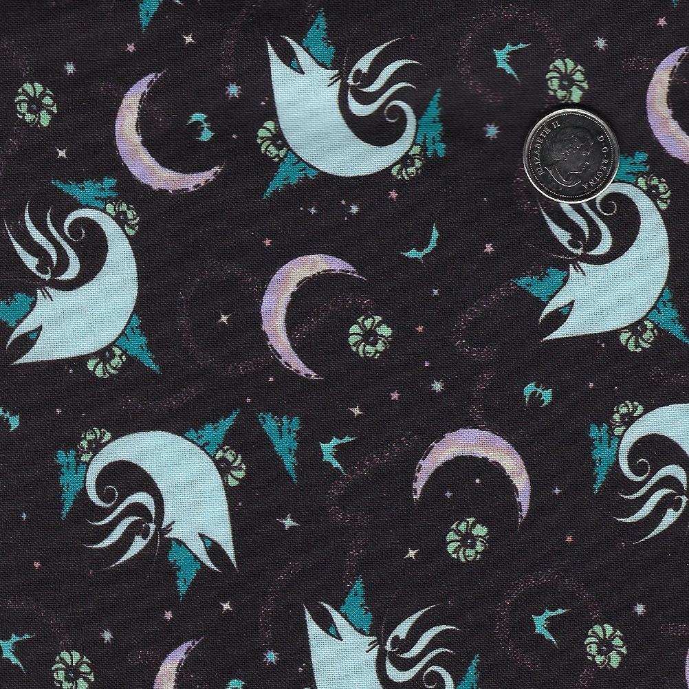 The Nightmare Before Christmas Mystical Opulence by Camelot Fabrics - Background Black Astral Zero The Dog