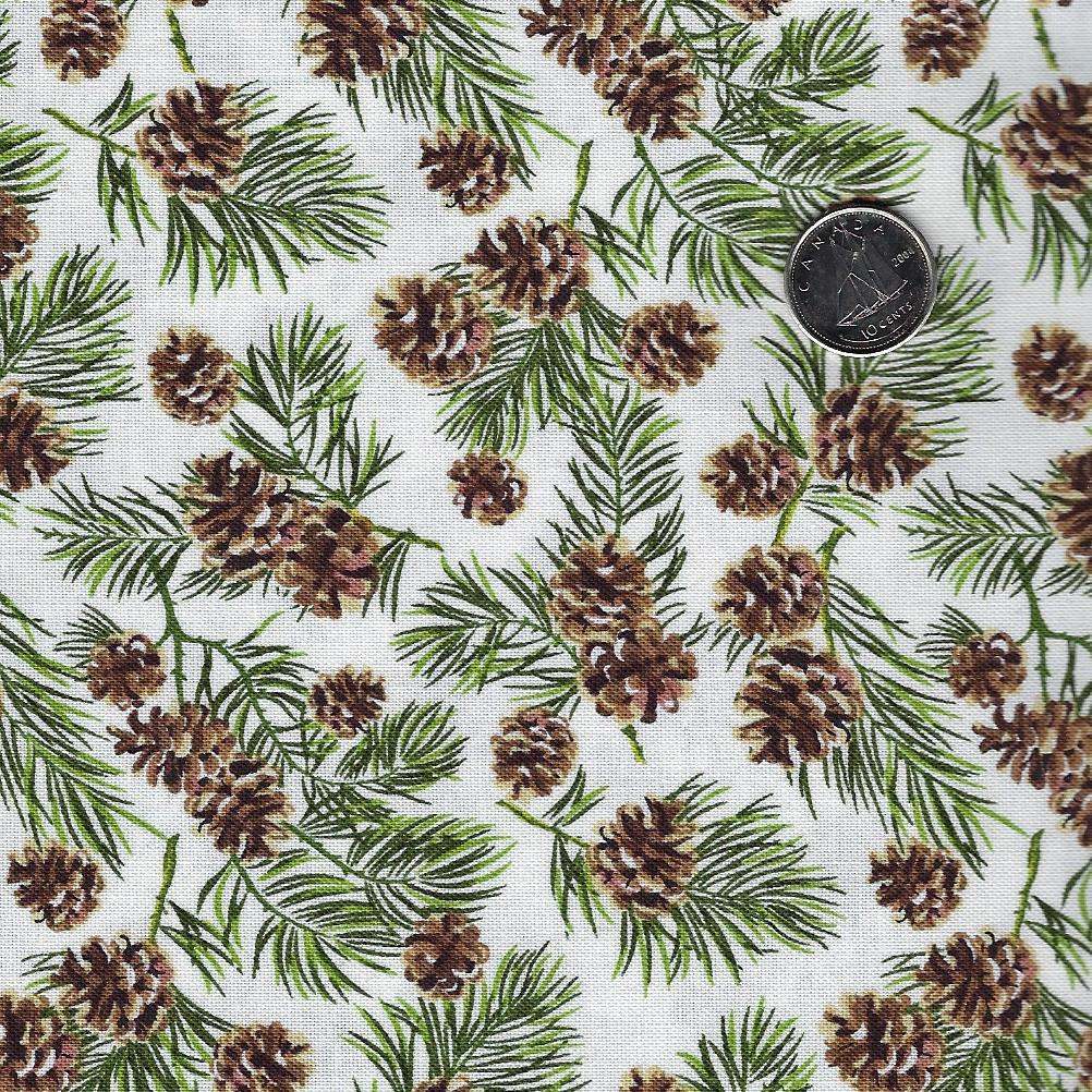 Beary Merry Christmas par Deborah Edwards pour Northcott - Background White Pine Cones