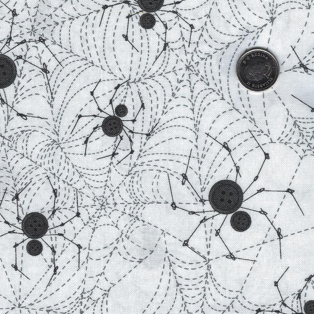 Mr. Bones Sews par Kimberlee Peers-Moore pour Figo Fabrics - Background White Spiders