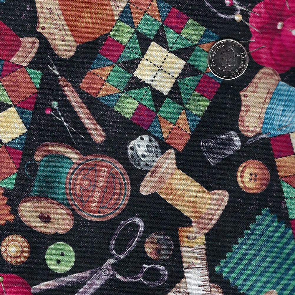 Stonehenge Stitchin' by Deborah Edwards for Northcott - Background Black Sewing Stuff