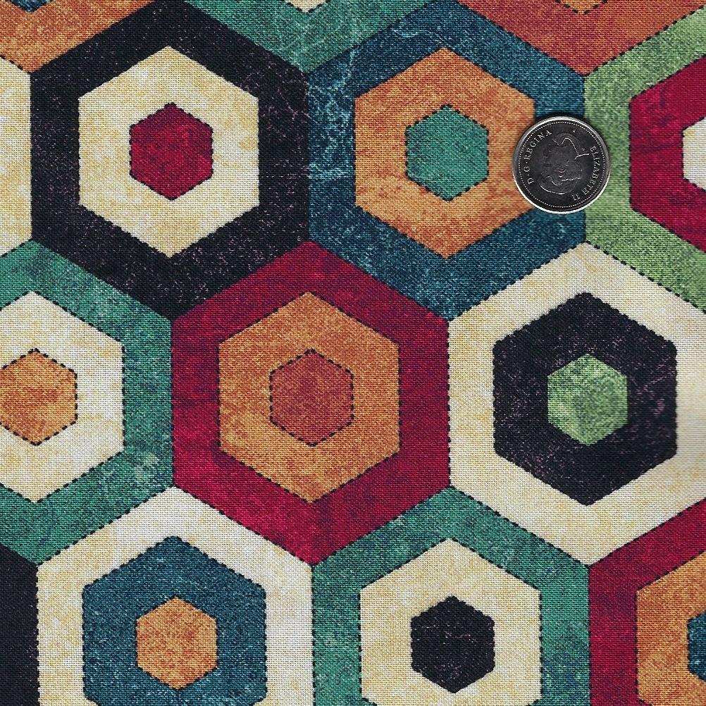 Stonehenge Stitchin' by Deborah Edwards for Northcott - Background Beige Hexie Quilt
