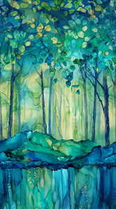Endos large de 108 pouces - Morning Light par Deborah Edwards & Melanie Samra pour Northcott - Background Blue Trees
