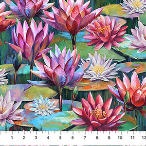 Lotus by Tim Parker for Northcott - Background Dark Green Lotus