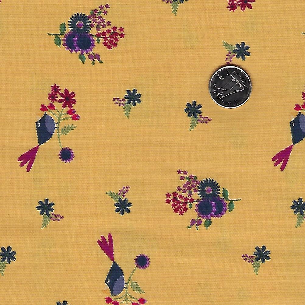 Rosewood par meags & me pour Clothworks - Dark Gold Petite Birds and Flowers