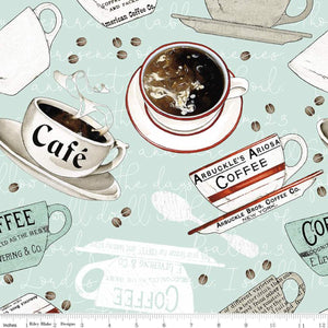 Coffee Chalk by J. Wecker Frisch for Riley Blake Designs - Background Aqua Coffee Cups