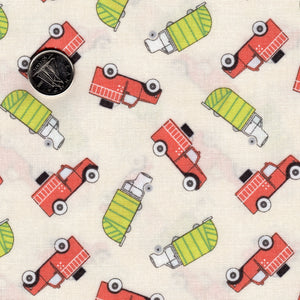Mighty Machines by Lydia Nelson for Moda - Creamy Garbage and Fire Trucks Green and Coral