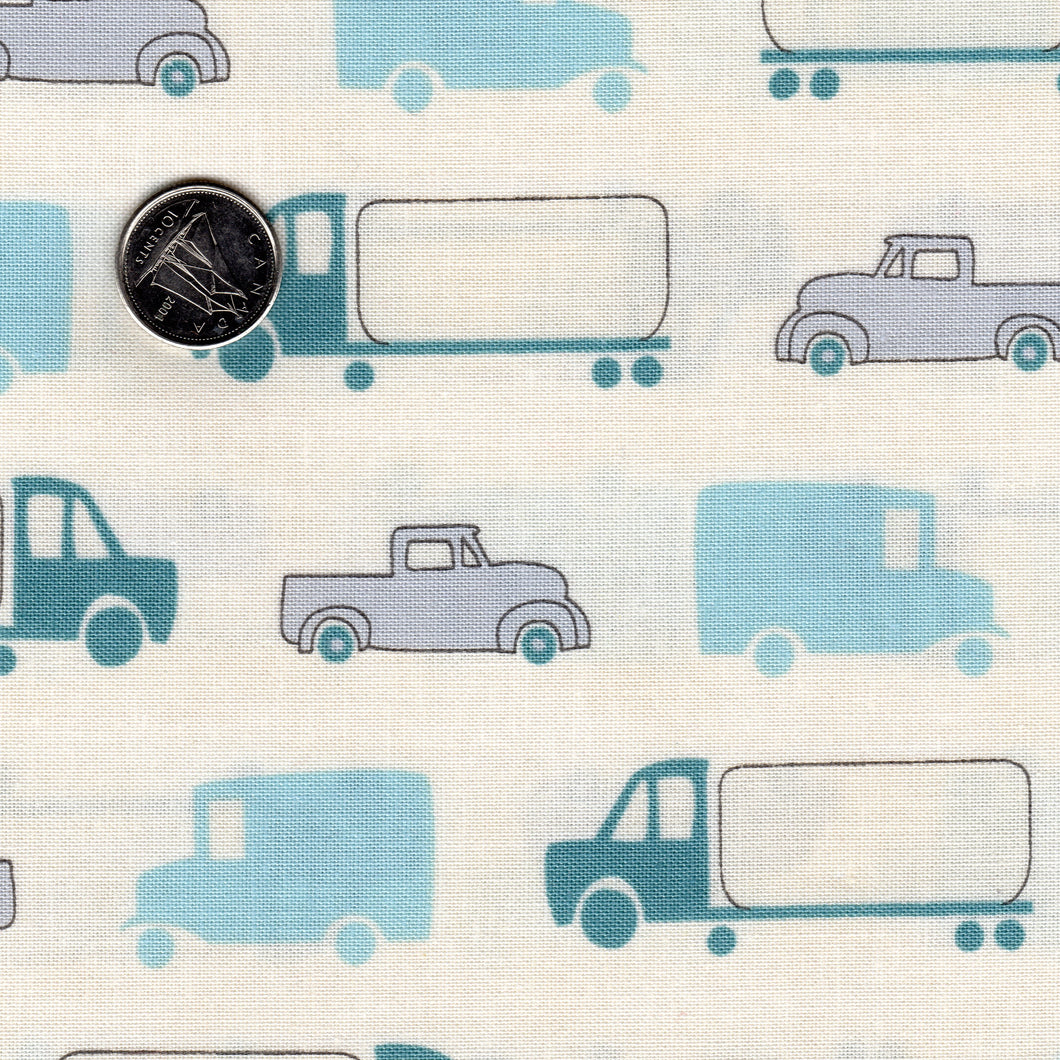Mighty Machines by Lydia Nelson for Moda - Background Creamy Big Cars and Trucks Light Blue Teal