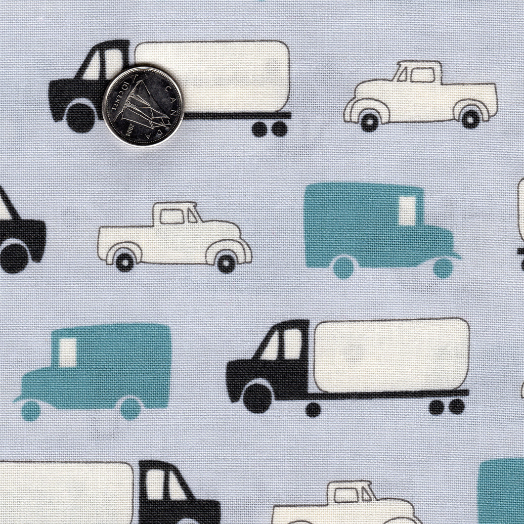 Mighty Machines by Lydia Nelson for Moda - Misty Very Light Gray Big Trucks and Cars Teal and Black