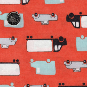 Mighty Machines par Lydia Nelson pour Moda - Reddish Coral Background Big Cars and Trucks