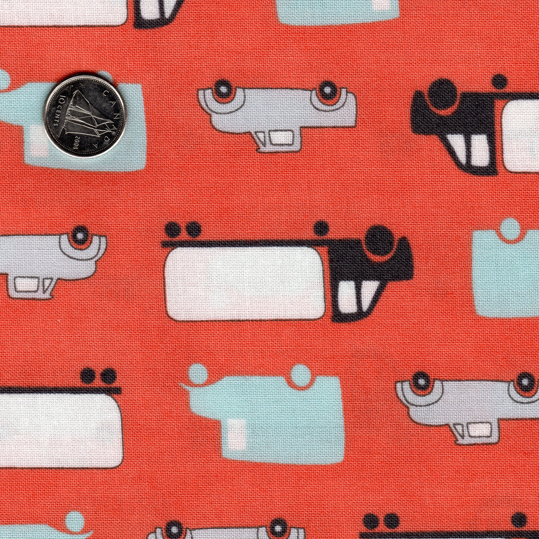 Mighty Machines by Lydia Nelson for Moda - Reddish Coral Background Big Cars and Trucks
